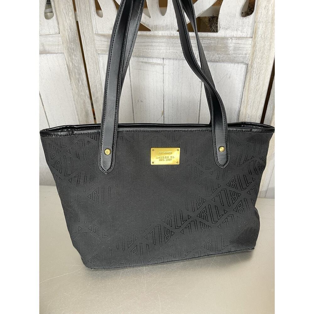Lauren Ralph Lauren Monogram Canvas Tote Leather Straps Handbag Classic